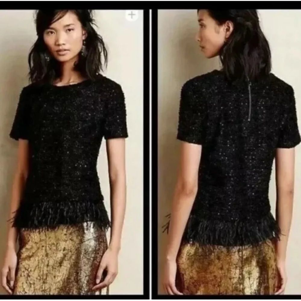 Deletta Anthropologie Top Womens Sz Small  Shimmer Sequin Tweed Feather